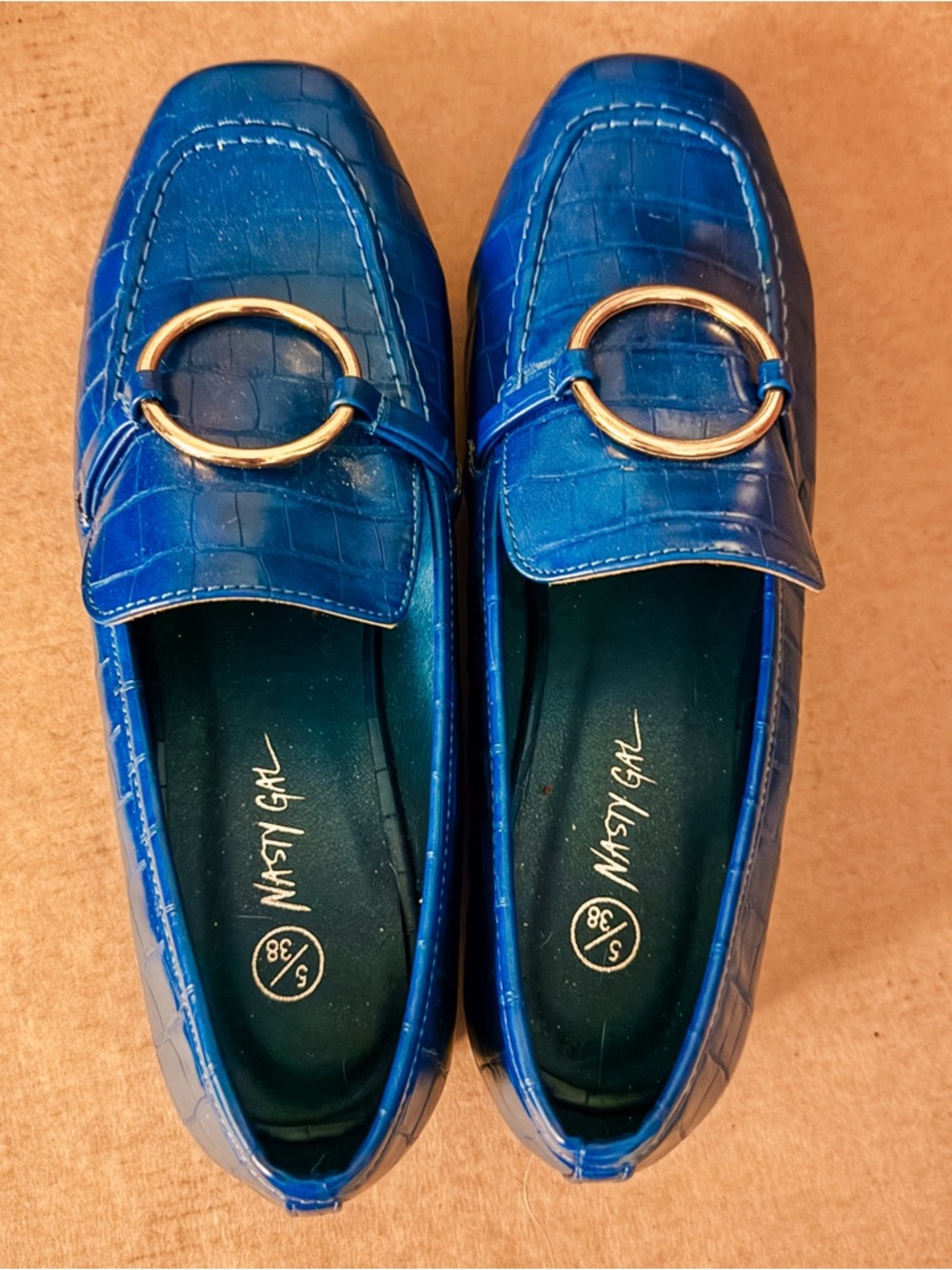 Nasty Gal Royal Blue Croc-Embossed Loafers with Gold Ring